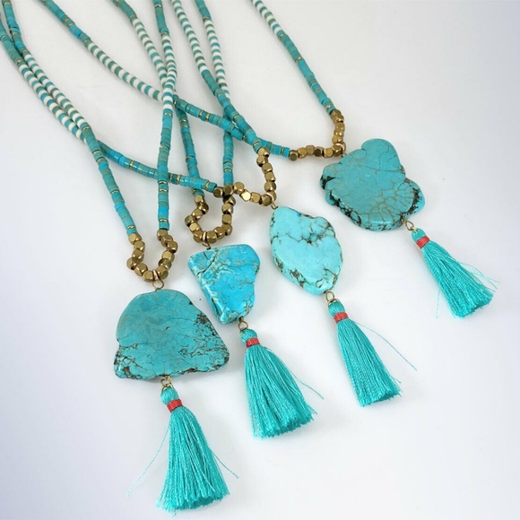 Panacea Long Turquoise Heishi Beaded Tassel & Stone Pendant Necklace - Picture 3 of 3
